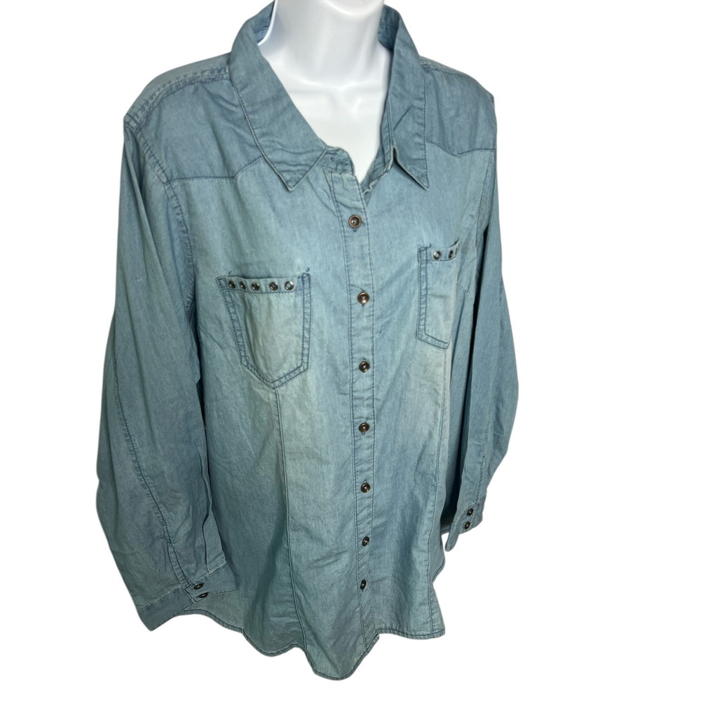 TOXIK3 Denim Shirt Studded Pockets Long Sleeve Button Down Top 2X‎
